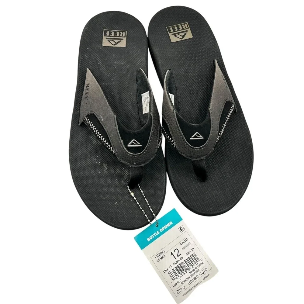 Reef Fanning Mens Flip Flops Black Silver Bottle Opener Sandals CJ0393 Size 12